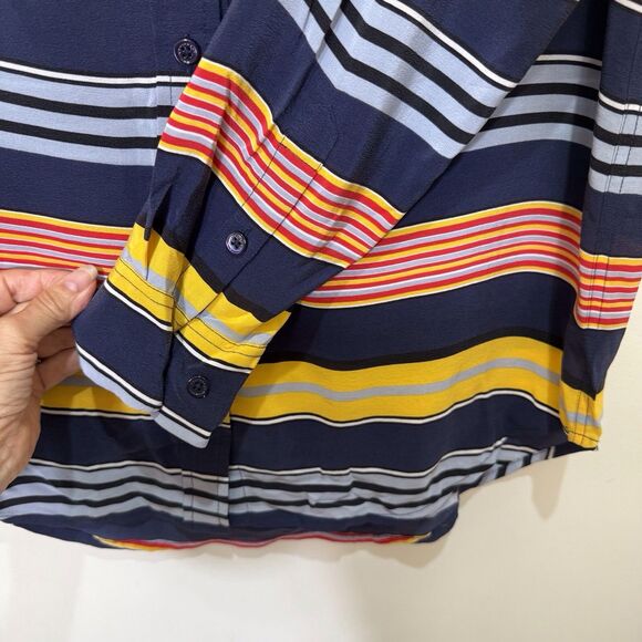 Equipment Femme Shirt Womens Small Navy Blue Striped 100% Silk Button‎ Up Top - Picture 11 of 15